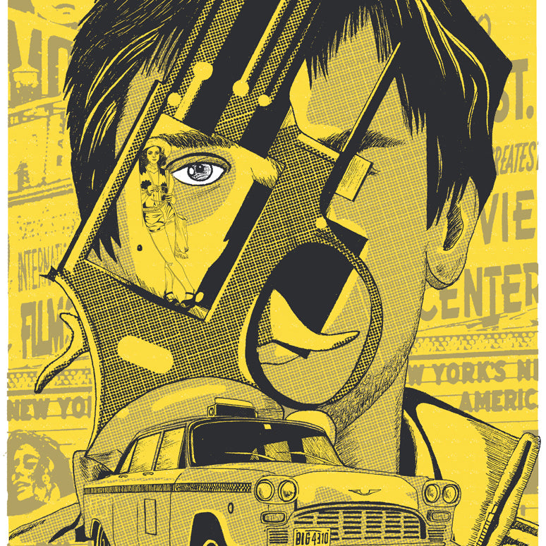 Brian Methes limited edition screen print features a blue-and-yellow poster-style design with a mans face, handgun overlay over an eye, and yellow taxi in the foreground, inspired by The Film Foundation.