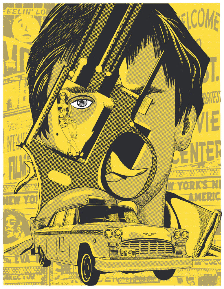 Brian Methes limited edition screen print features a blue-and-yellow poster-style design with a mans face, handgun overlay over an eye, and yellow taxi in the foreground, inspired by The Film Foundation.