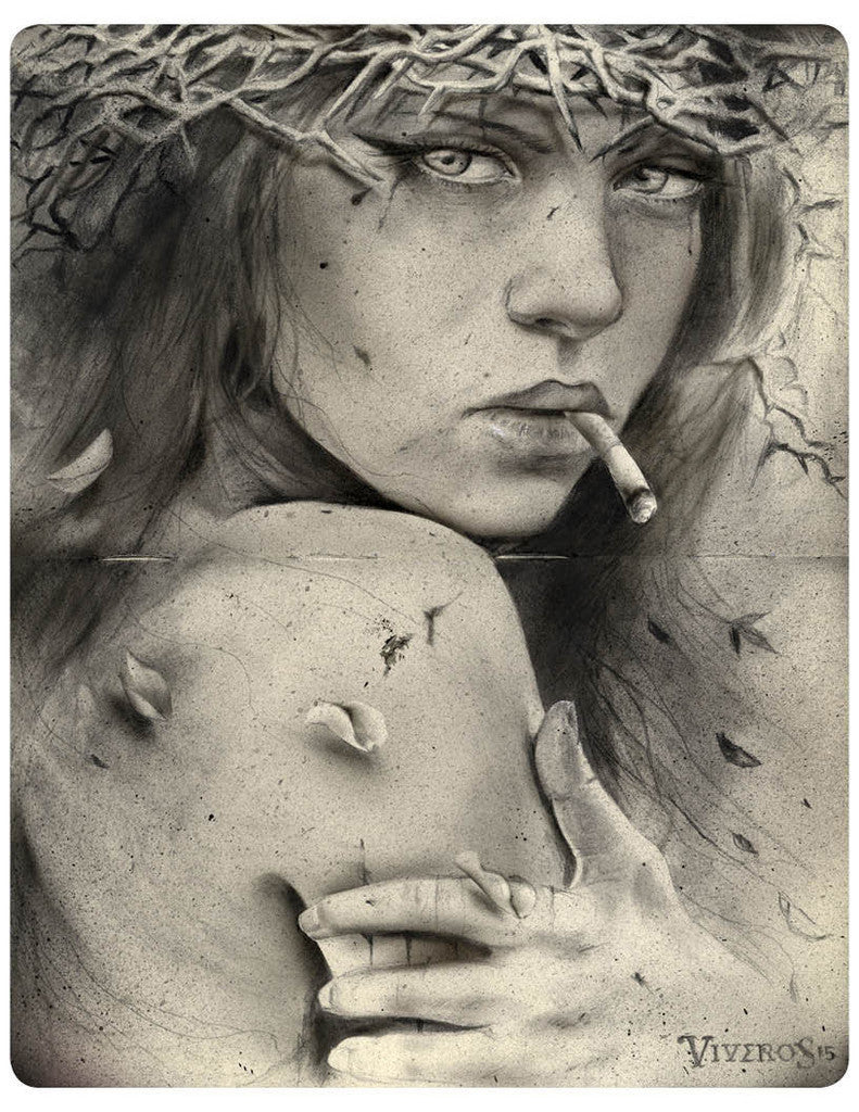 A grayscale charcoal artwork by Brian M. Viveros titled Sacred shows a woman with intense eyes, a cigarette in her mouth, and a thorn crown. Her hand rests on her shoulder amidst loose hair and scattered leaves. The textured piece is signed Viveros 15.