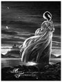 A limited edition screen print by Nicolas Delort features a gothic, monochrome illustration of a woman in a flowing dress on rocky terrain, gazing at a distant castle under a dark, swirling sky. The Bride of Frankenstein is inscribed in the corner.