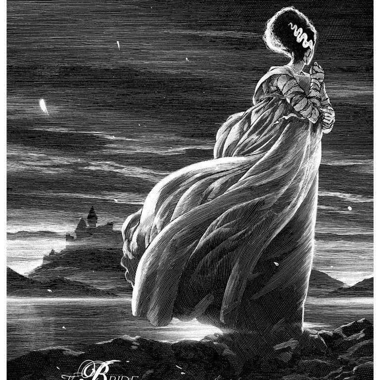 A limited edition screen print by Nicolas Delort features a gothic, monochrome illustration of a woman in a flowing dress on rocky terrain, gazing at a distant castle under a dark, swirling sky. The Bride of Frankenstein is inscribed in the corner.