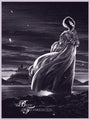 Enjoy the dramatic beauty of The Bride of Frankenstein in this limited edition screen print by Nicolas Delort, showcasing an illustrated figure on rocky ground with flowing dress and hair against a stormy sky and distant castle, all in striking monochrome.