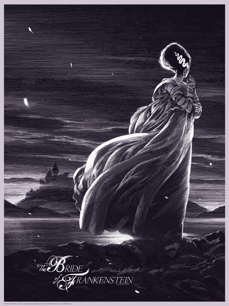Enjoy the dramatic beauty of The Bride of Frankenstein in this limited edition screen print by Nicolas Delort, showcasing an illustrated figure on rocky ground with flowing dress and hair against a stormy sky and distant castle, all in striking monochrome.