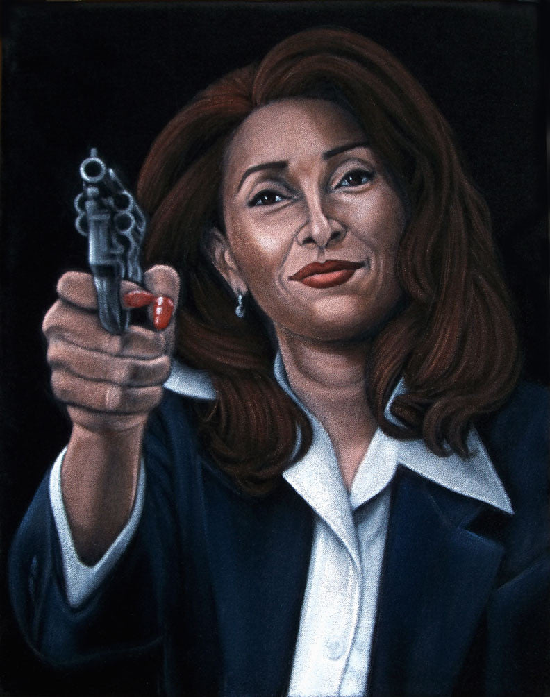 A captivating Bruce White acrylic on velvet painting showcases a woman reminiscent of Jackie Brown. With long brown hair, red lipstick, earrings, a dark blazer, and white shirt, she aims a revolver at the viewer against a black backdrop.