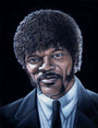 A stylized Bruce White acrylic on velvet portrait depicts a man with curly hair and sideburns in a black suit, white shirt, and tie. His direct gaze and serious expression evoke a Quentin vs Coen film vibe, with the dark background highlighting his striking features.