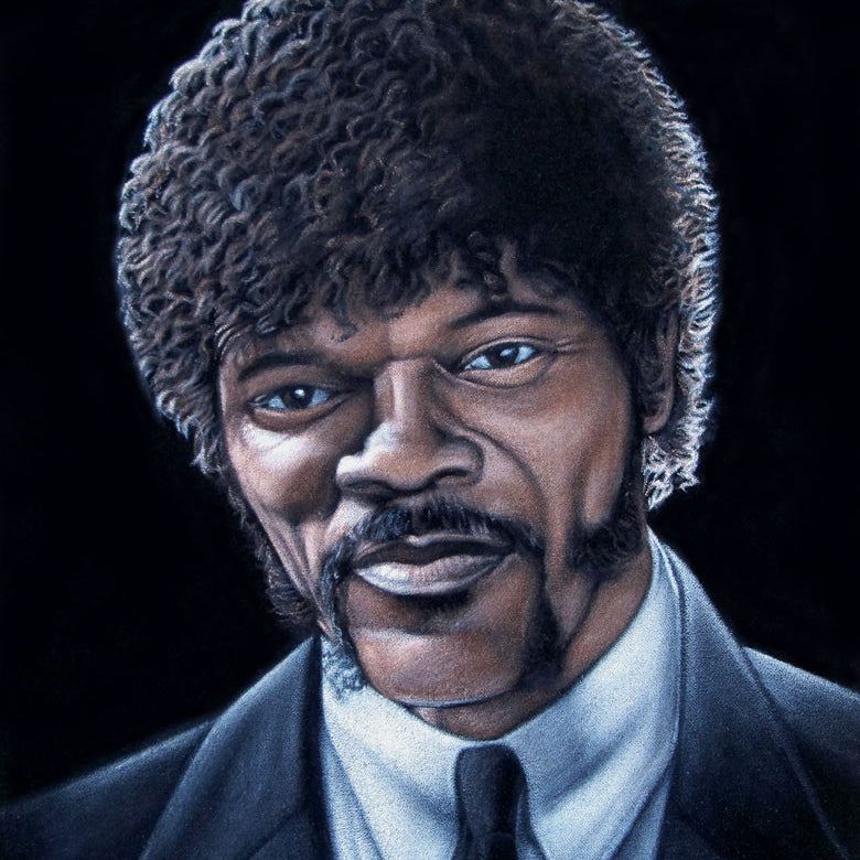 A stylized Bruce White acrylic on velvet portrait depicts a man with curly hair and sideburns in a black suit, white shirt, and tie. His direct gaze and serious expression evoke a Quentin vs Coen film vibe, with the dark background highlighting his striking features.