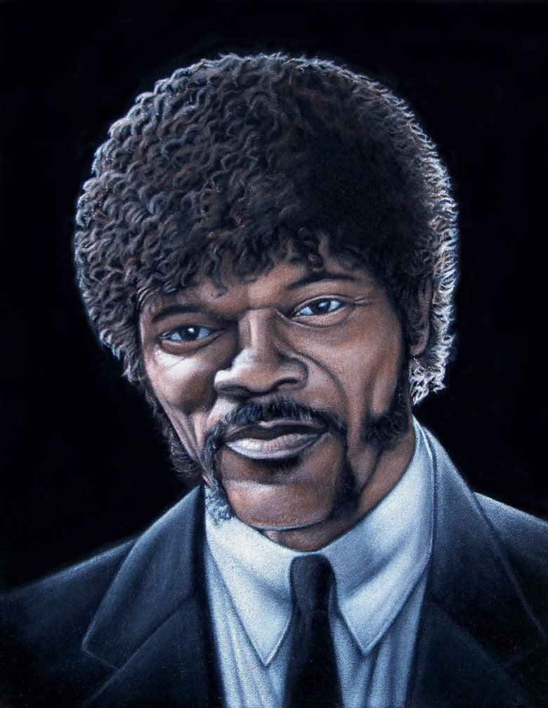 A stylized Bruce White acrylic on velvet portrait depicts a man with curly hair and sideburns in a black suit, white shirt, and tie. His direct gaze and serious expression evoke a Quentin vs Coen film vibe, with the dark background highlighting his striking features.