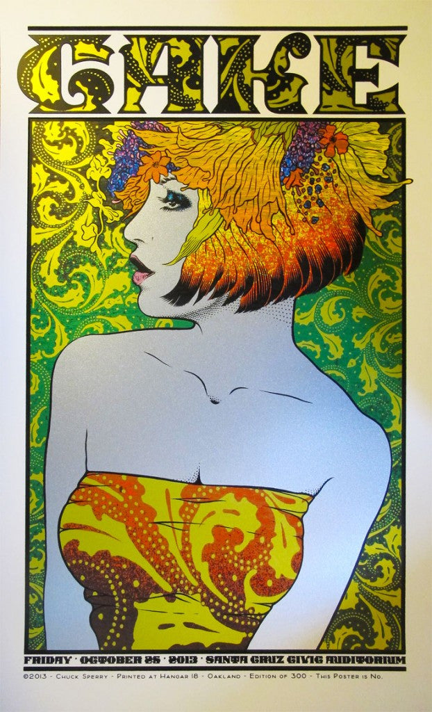 A vibrant Chuck Sperry poster showcases a woman with orange and yellow hair in a colorful strapless dress, set against an intricately designed green background on archival cream paper. It features the text Chuck Sperry Cake, referencing the 2013 event at Santa Cruz Civic Auditorium.