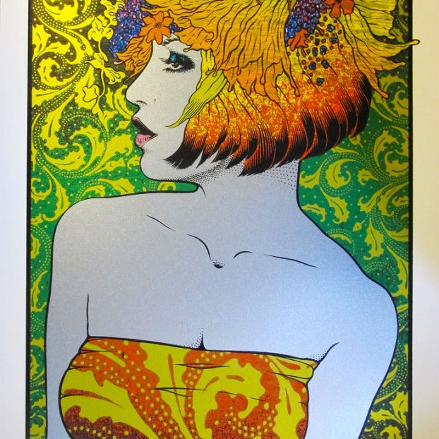 A vibrant Chuck Sperry poster showcases a woman with orange and yellow hair in a colorful strapless dress, set against an intricately designed green background on archival cream paper. It features the text Chuck Sperry Cake, referencing the 2013 event at Santa Cruz Civic Auditorium.