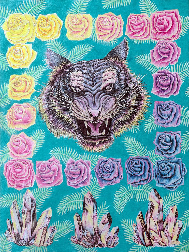A tigers head, drawn with colored pencils on paper by Cahill Wessel, is surrounded by yellow, pink, purple, and blue roses and vibrant fern leaves. Crystal clusters embellish the bottom against a teal background.