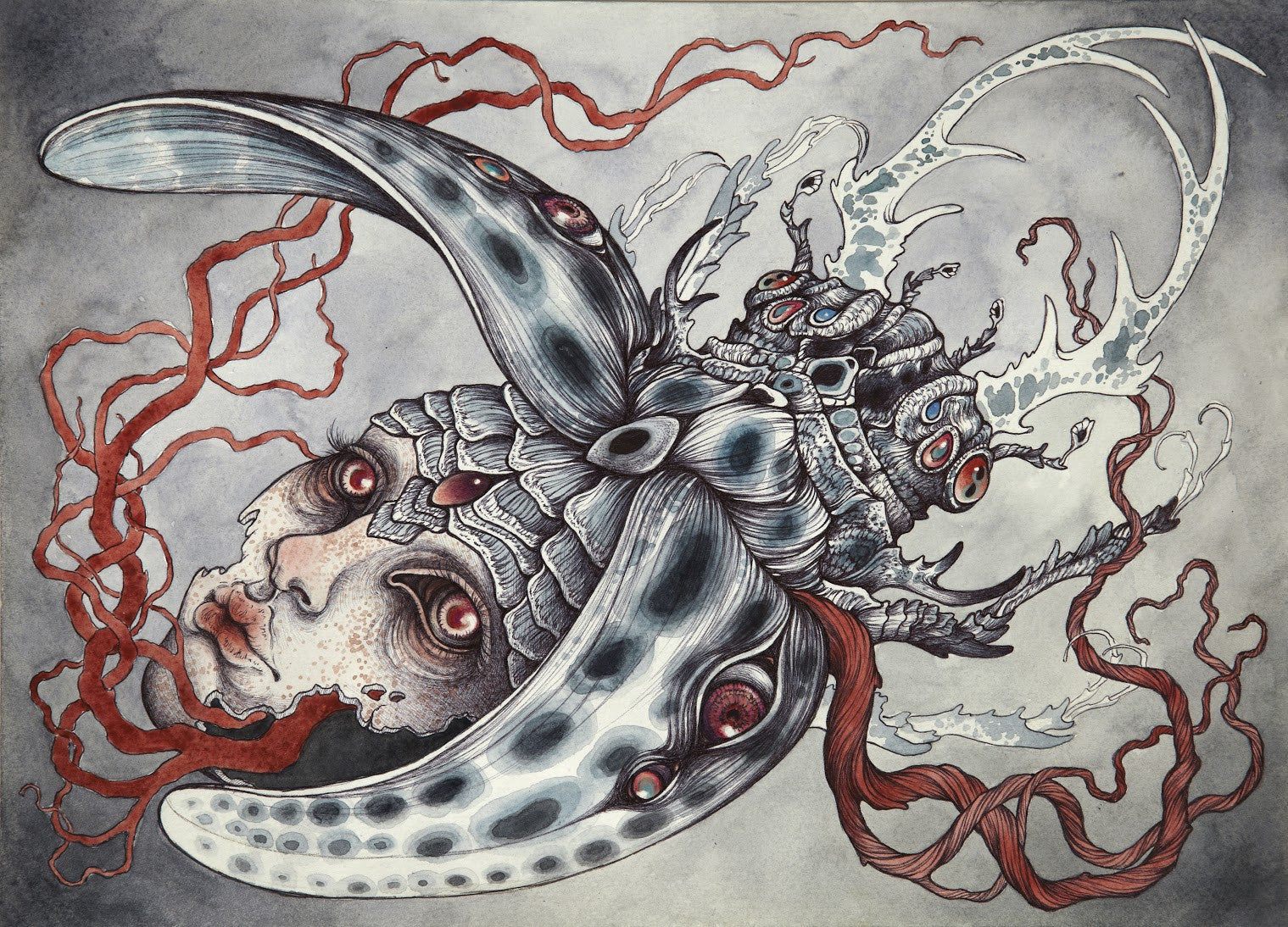 Surreal Caitlin Hackett artwork for sale featuring a face merging with a beetle creature; large, curved wings with eyes, red tendrils intertwined, and small antler-like structures against a gray backdrop create an illusion of separation.