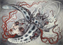 Surreal Caitlin Hackett artwork for sale featuring a face merging with a beetle creature; large, curved wings with eyes, red tendrils intertwined, and small antler-like structures against a gray backdrop create an illusion of separation.