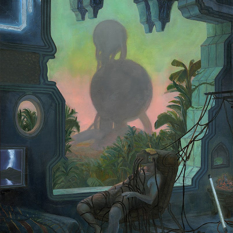 A surreal scene showcases a futuristic room where someone sits in a chair, enveloped by cables. Beyond, a misty landscape reveals Simulacrum Natura—a colossal abstract figure amid lush greenery—contrasting with the dark aesthetic of the interior, reminiscent of Cam Floyds style.