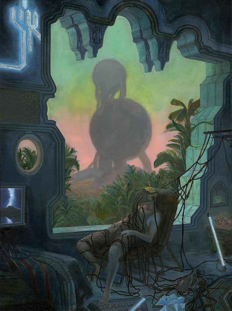 A surreal scene showcases a futuristic room where someone sits in a chair, enveloped by cables. Beyond, a misty landscape reveals Simulacrum Natura—a colossal abstract figure amid lush greenery—contrasting with the dark aesthetic of the interior, reminiscent of Cam Floyds style.
