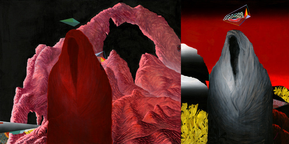 Cam Floyds diptych showcases two robed figures in vibrant red and gray, painted with acrylic and gouache. The backdrop of mountainous terrain interwoven with abstract geometric shapes in shades of red, black, and yellow creates a surreal, dreamlike atmosphere.