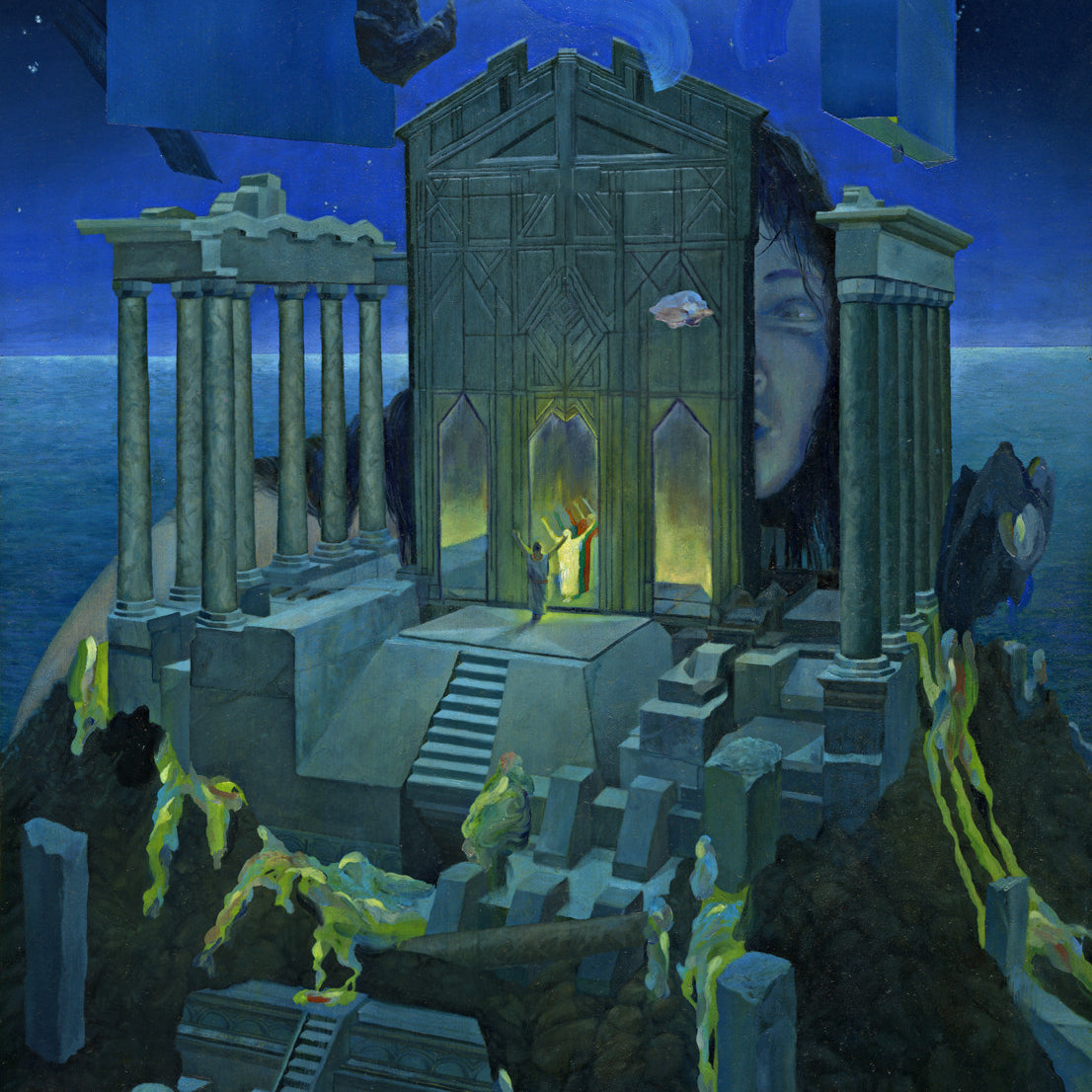 A surreal oil painting by Cam Floyd depicts ancient temple ruins on a rocky island, glowing with light as if for the Supersonic Electronic Invitational. Abstract shapes and a large face fill the background under a starry night sky, featuring statues and columns.