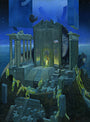 A surreal oil painting by Cam Floyd depicts ancient temple ruins on a rocky island, glowing with light as if for the Supersonic Electronic Invitational. Abstract shapes and a large face fill the background under a starry night sky, featuring statues and columns.
