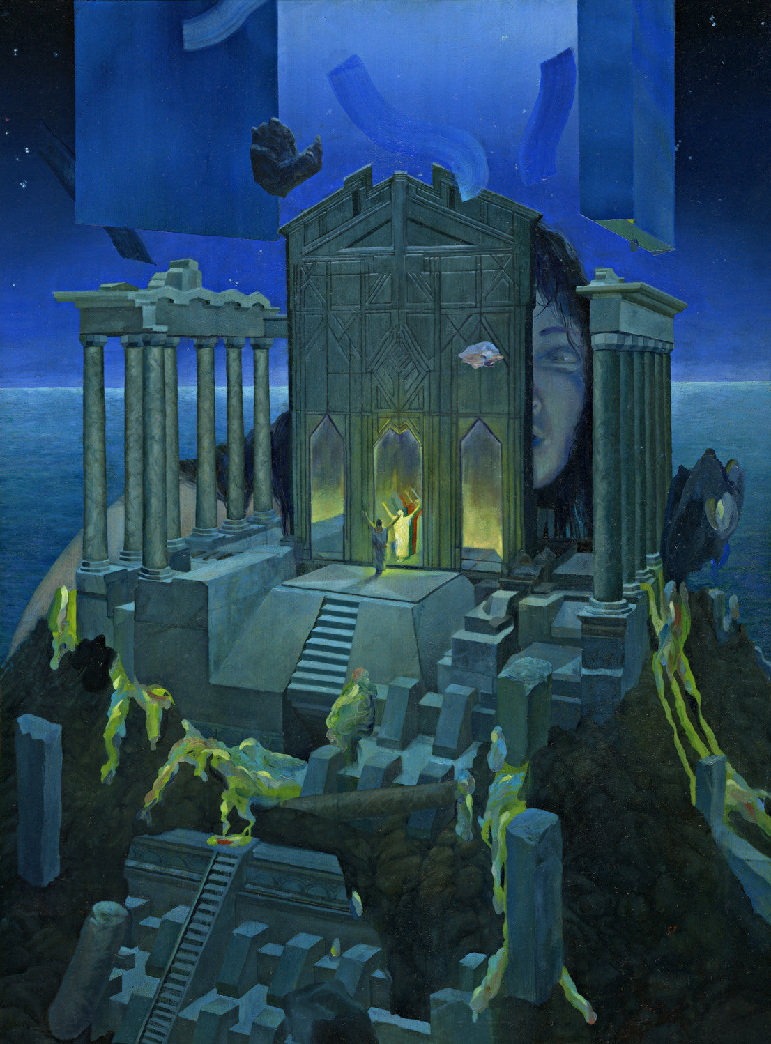 A surreal oil painting by Cam Floyd depicts ancient temple ruins on a rocky island, glowing with light as if for the Supersonic Electronic Invitational. Abstract shapes and a large face fill the background under a starry night sky, featuring statues and columns.