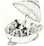 The Tank by Camilla dErrico is a black and white illustration showing a woman with long hair reclining in a mechanical, shell-like structure adorned with exposed gears and wheels, partly covered by an ornate umbrella.