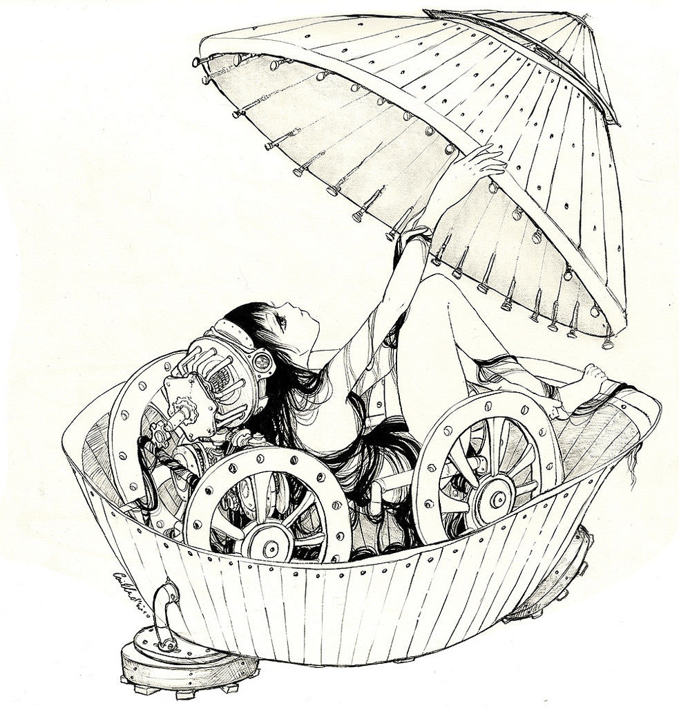 The Tank by Camilla dErrico is a black and white illustration showing a woman with long hair reclining in a mechanical, shell-like structure adorned with exposed gears and wheels, partly covered by an ornate umbrella.