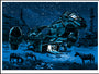 A Tim Doyle limited edition features a futuristic spaceship in a desert under a starry sky, evoking Firefly. Horses graze nearby, silhouetted against the ships illuminated base as a person approaches, with rocky formations completing the spectacle.