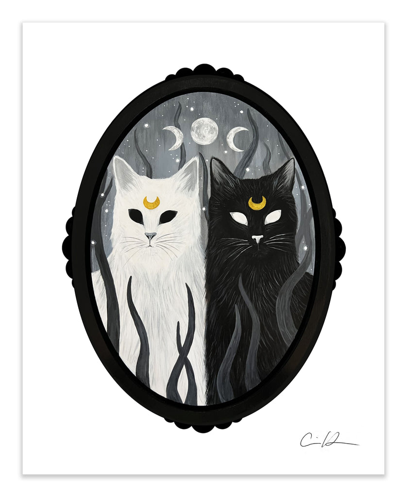 Carrie Anne Hudson- "Fighting Evil By Moonlight" Print - white cat and black cat with Sailor Moon crescent on forehead