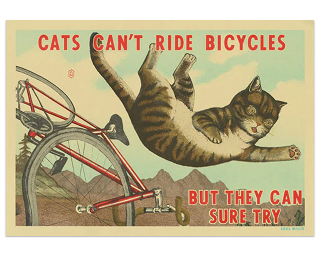 striped cat falling off of bicycle with text "cats can't ride bicycles but they can sure try"