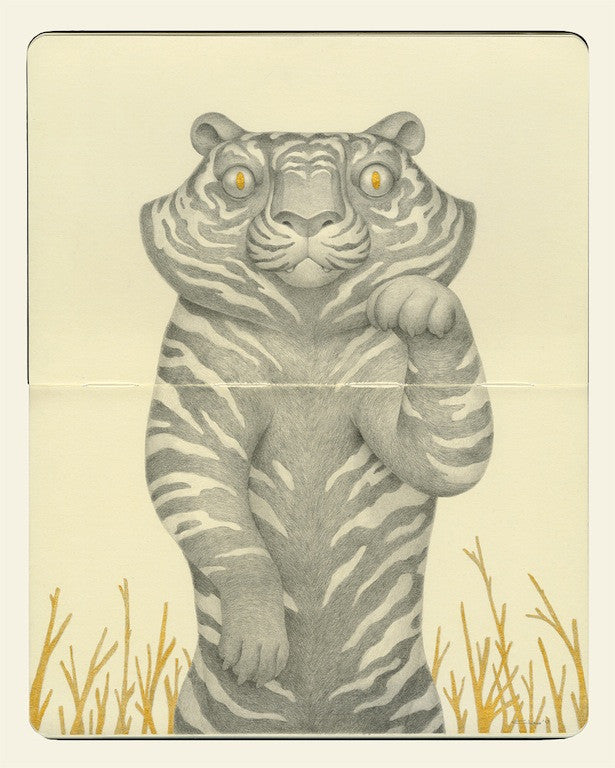 Inspired by Charles Santoso, this illustration showcases an anthropomorphic Black Lucky Tiger standing upright with its right paw raised. Set against a pale backdrop with simple yellow grass, the tigers swirling stripes and large eyes are vividly rendered in pencil and gold ink.