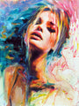 This Charmaine Olivia-style abstract painting on an oil panel, showcases Evelyns face with closed eyes, surrounded by vibrant blue, pink, and yellow. Her hair blends into the colorful backdrop for an ethereal effect.