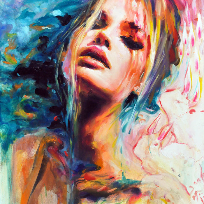 This Charmaine Olivia-style abstract painting on an oil panel, showcases Evelyns face with closed eyes, surrounded by vibrant blue, pink, and yellow. Her hair blends into the colorful backdrop for an ethereal effect.