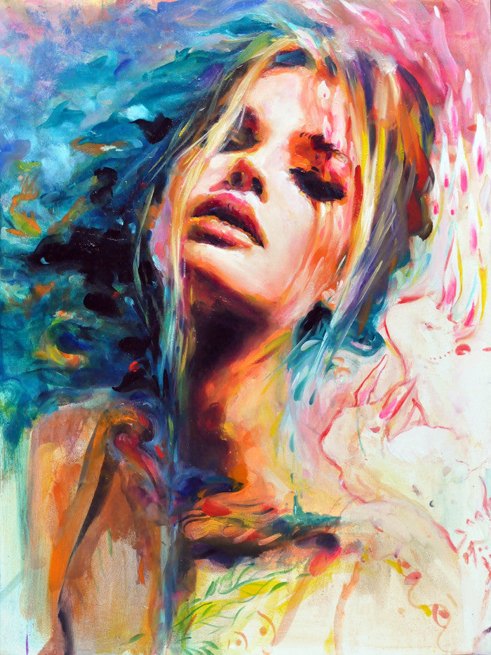 This Charmaine Olivia-style abstract painting on an oil panel, showcases Evelyns face with closed eyes, surrounded by vibrant blue, pink, and yellow. Her hair blends into the colorful backdrop for an ethereal effect.