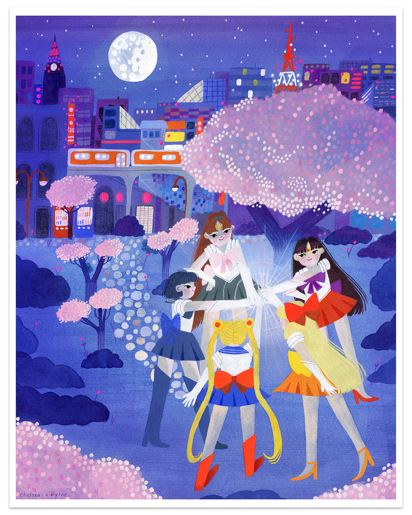 Chelsea O'Byrne Secret Senshi artwork featuring characters from Sailor Moon standing in a circle hold each other's wrists