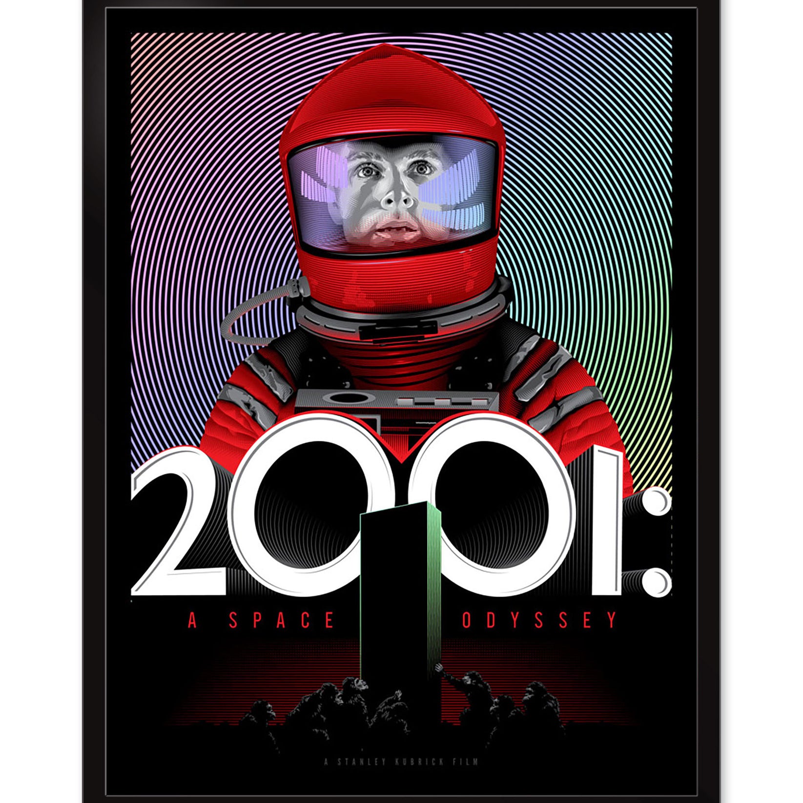 Tracie Chings poster for 2001: A Space Odyssey displays an astronaut in a red spacesuit amid colorful, wavy, rainbow foil-like lines. The large white title 2001 stands out over the sci-fi-themed image.
