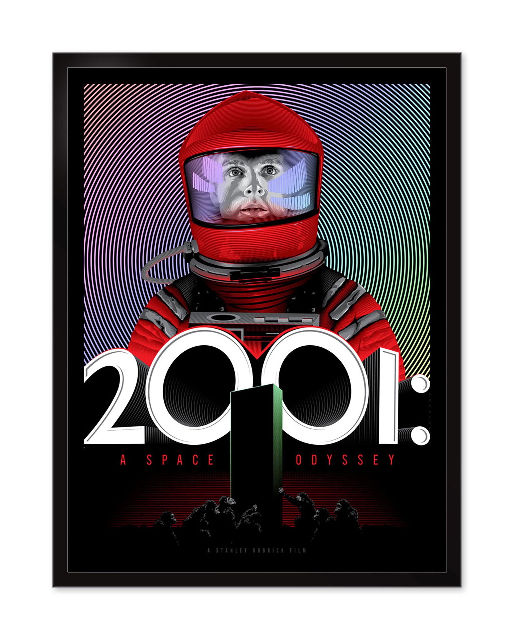 Tracie Chings poster for 2001: A Space Odyssey displays an astronaut in a red spacesuit amid colorful, wavy, rainbow foil-like lines. The large white title 2001 stands out over the sci-fi-themed image.