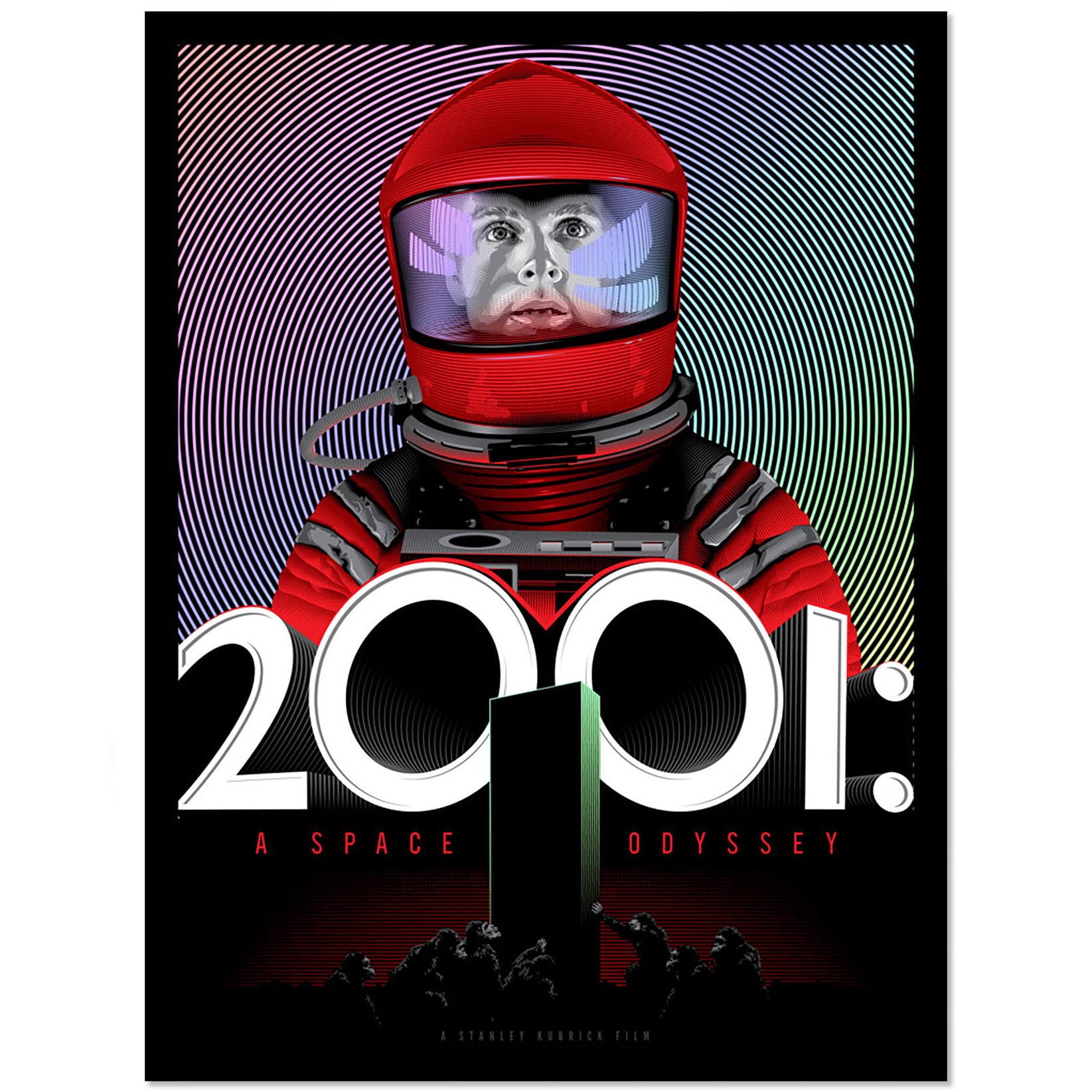 Tracie Chings 2001: A Space Odyssey poster features an astronaut in a red suit against a swirling multicolored backdrop, reminiscent of rainbow foil. The title appears prominently in white at the bottom with shadowy figures underneath.