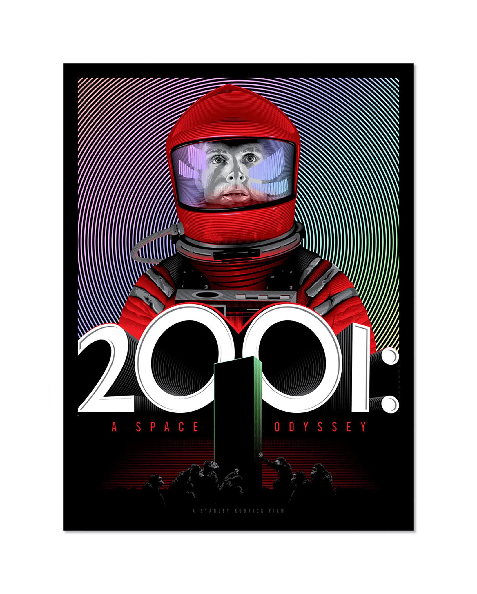 Tracie Chings 2001: A Space Odyssey poster features an astronaut in a red suit against a swirling multicolored backdrop, reminiscent of rainbow foil. The title appears prominently in white at the bottom with shadowy figures underneath.