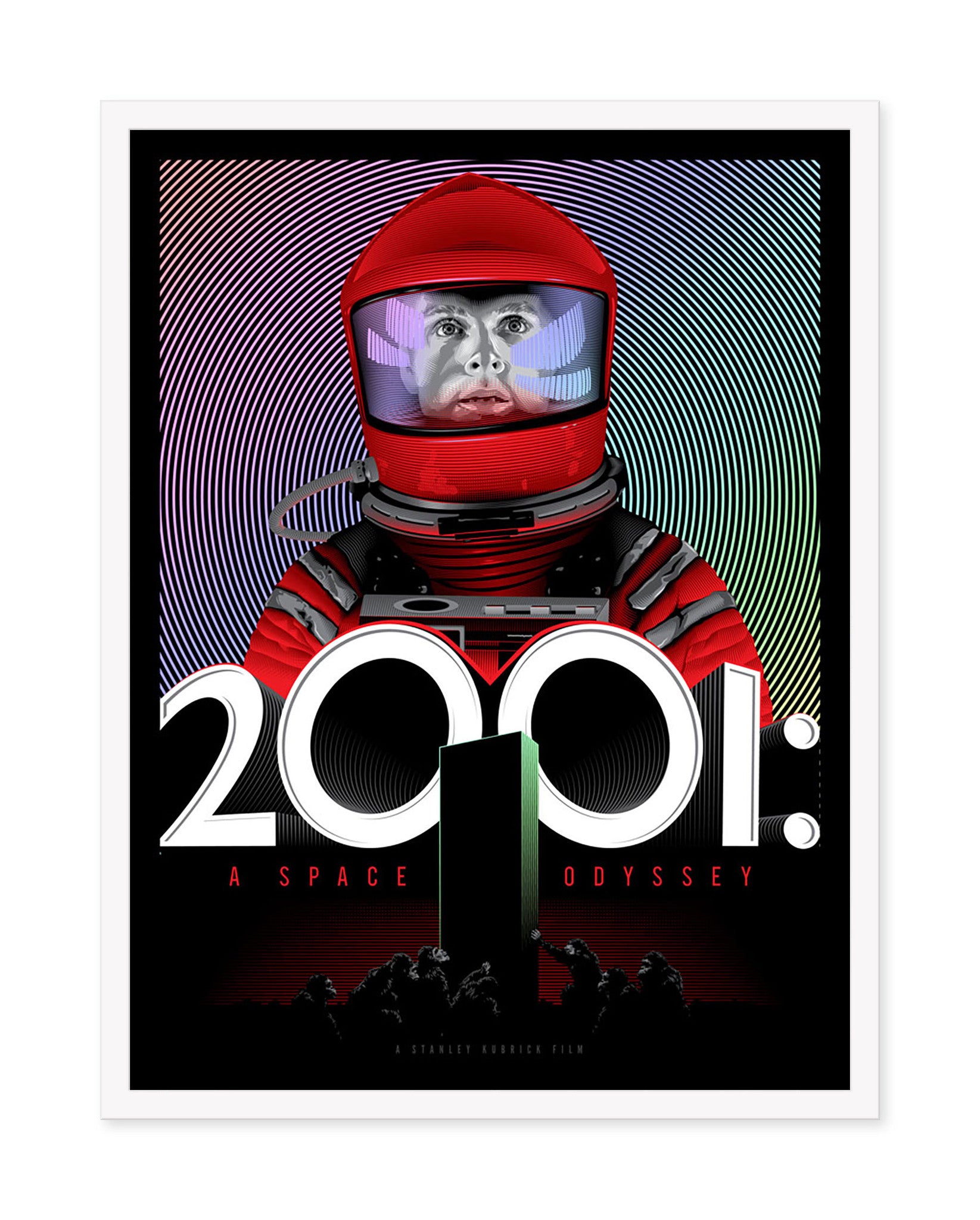 Tracie Chings 2001: A Space Odyssey poster features an astronaut in a red suit and helmet with a reflective visor. Bold white text displays the title against a dark backdrop, adorned with vibrant radial patterns reminiscent of rainbow foil paper.