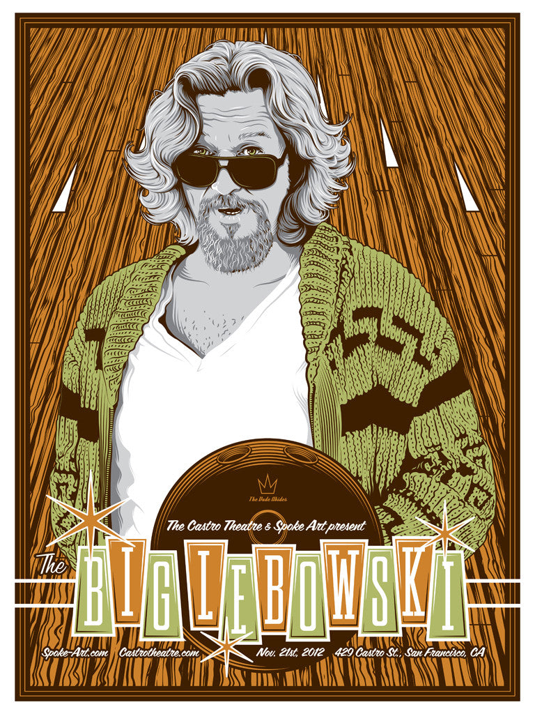 Tracie Chings illustrated screen print poster features a bearded man in sunglasses and a green cardigan holding a bowling ball, with the text The Big Lebowski and event details at the Castro Theatre, San Francisco. The background includes stylized wood and star motifs.