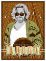 Tracie Chings illustrated screen print poster features a bearded man in sunglasses and a green cardigan holding a bowling ball, with the text The Big Lebowski and event details at the Castro Theatre, San Francisco. The background includes stylized wood and star motifs.