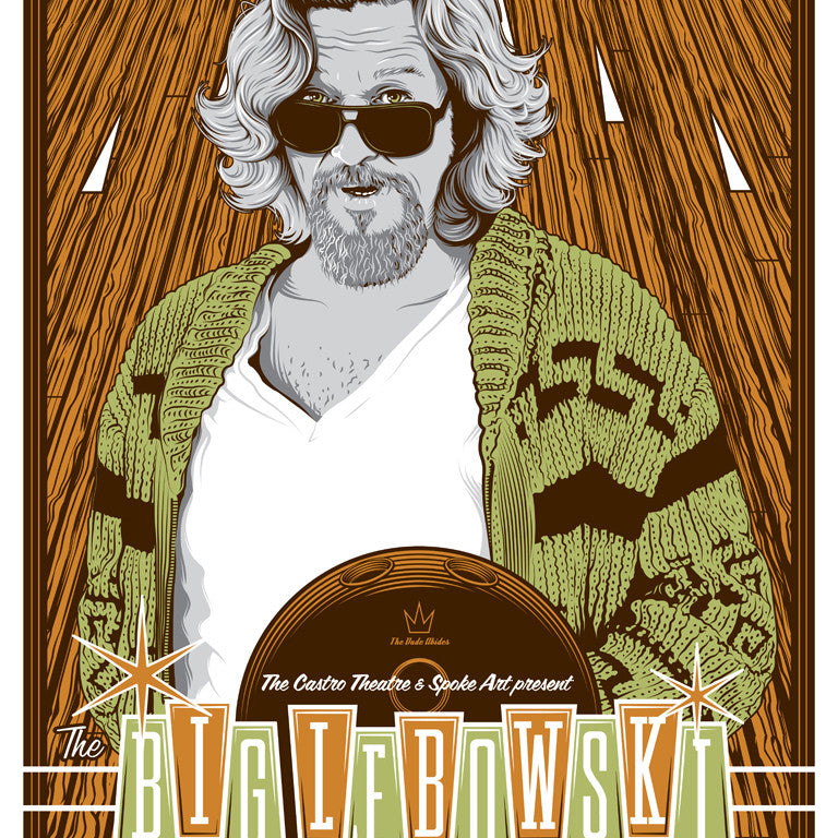 Tracie Chings illustrated screen print poster features a bearded man in sunglasses and a green cardigan holding a bowling ball, with the text The Big Lebowski and event details at the Castro Theatre, San Francisco. The background includes stylized wood and star motifs.