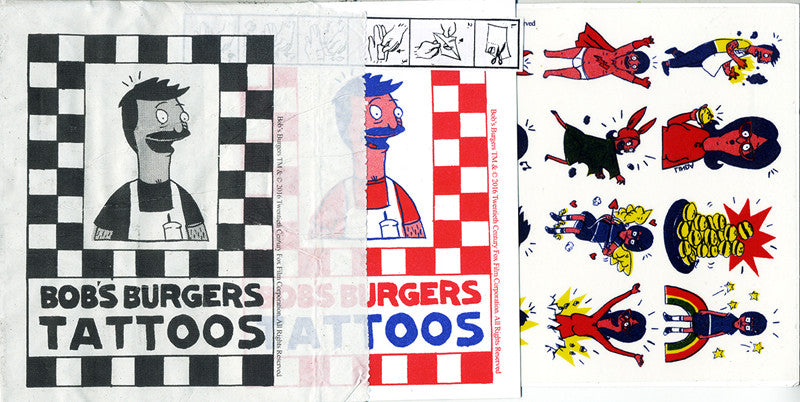 A sheet featuring a sticker pack of temporary tattoos from Chris Walker showcases various cartoon characters and vibrant designs. The left panel presents a checkered background with a character illustration and text that reads Chris Walker Temporary Tattoo Set.