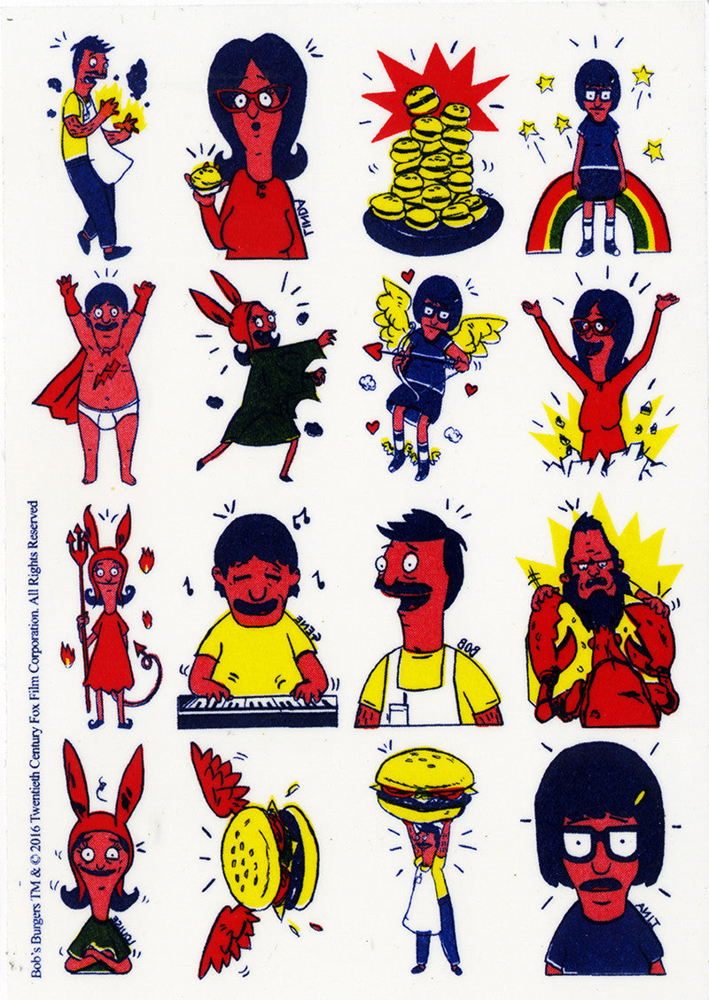 A vibrant collage by Chris Walker showcases playful figures from Bobs Burgers, including burgers, stars, rainbows, and musical elements in whimsical poses with red, yellow, and blue hues—resembling a lively sticker pack.