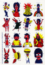 A vibrant collage by Chris Walker showcases playful figures from Bobs Burgers, including burgers, stars, rainbows, and musical elements in whimsical poses with red, yellow, and blue hues—resembling a lively sticker pack.
