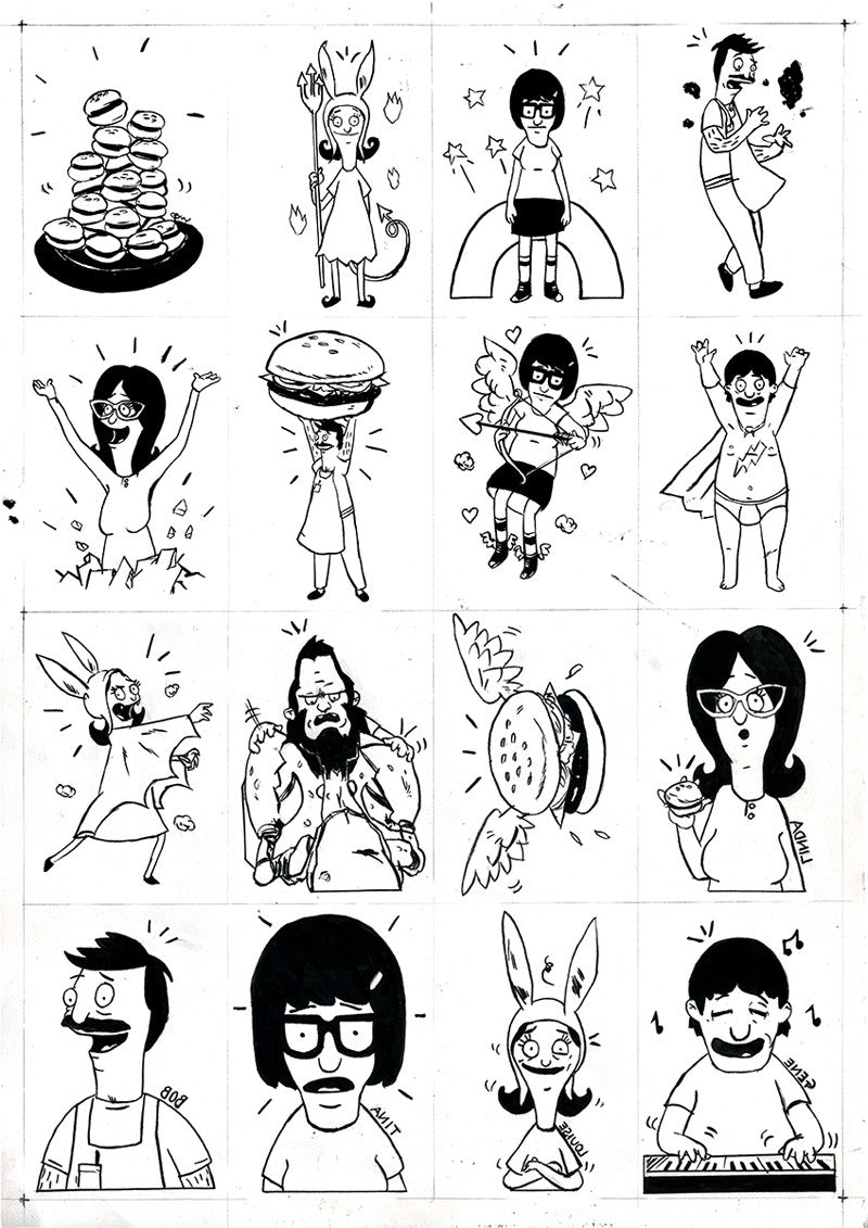 A black-and-white illustration by Chris Walker features 16 cartoon characters in a style reminiscent of Bobs Burgers, including a burger tray bearer, a fiery creature, a winged figure, and a bearded man. They wear costumes or hold food—all in playful poses that evoke Tattoo Production Art flair.