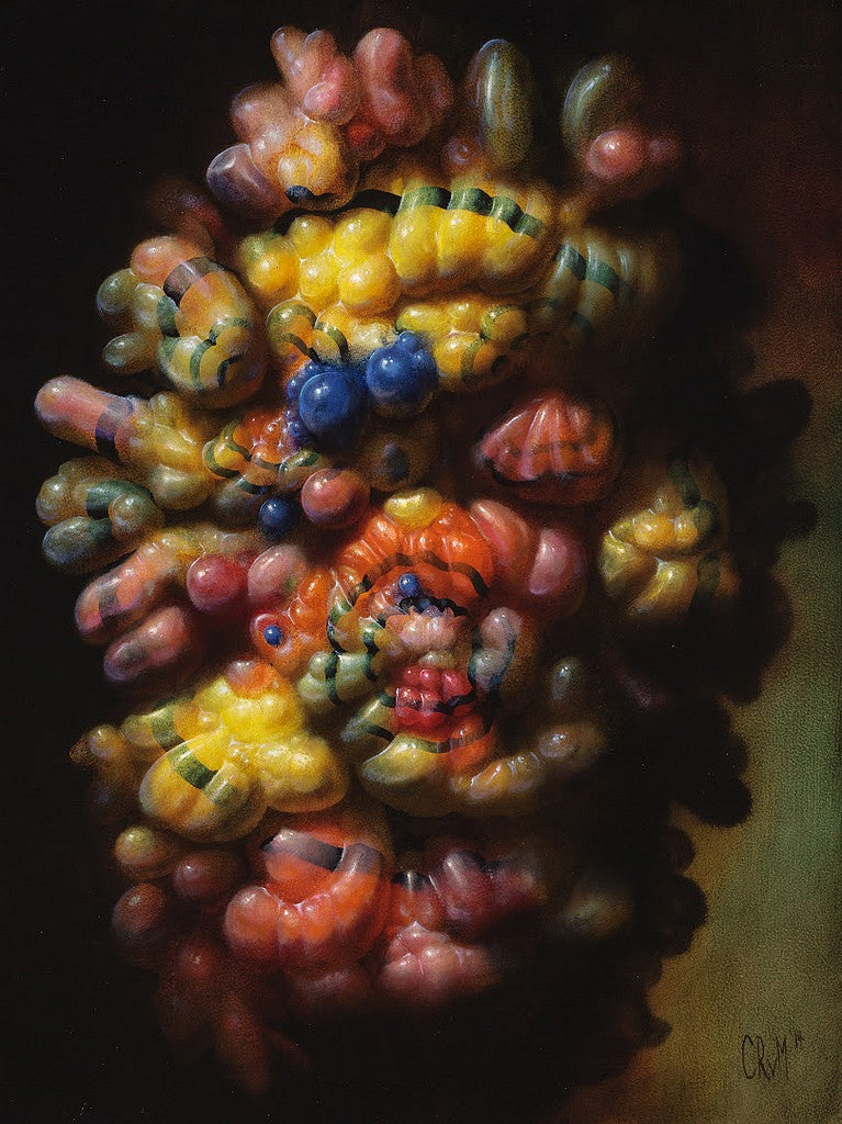 An abstract painting by Christian Rex Van Minnen features a cluster of colorful, bulbous forms resembling gummy candies. The work primarily uses yellow, red, and orange with green and blue accents to contrast dramatically against the dark background in this oil on panel masterpiece.