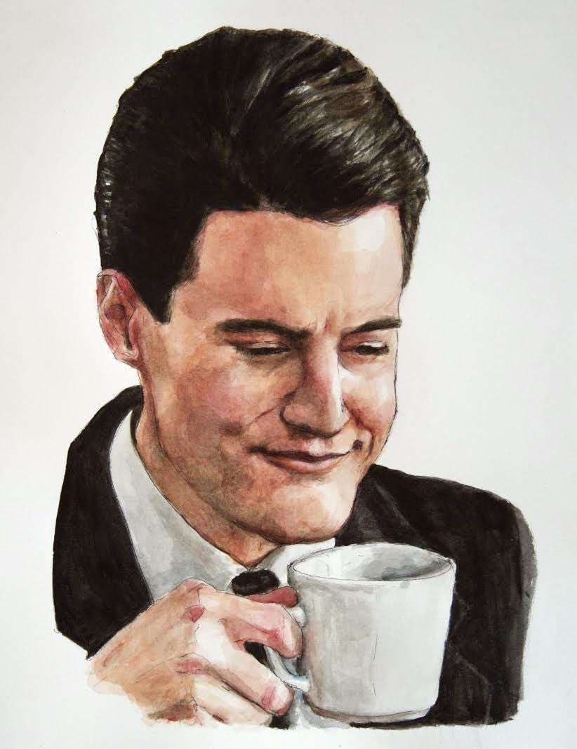 Christine Hostetlers watercolor features a dark-haired person in a suit, smiling warmly while holding a cup of coffee. Realistic details capture their content expression as they gaze fondly at the mug, making this artwork truly captivating and available for sale.
