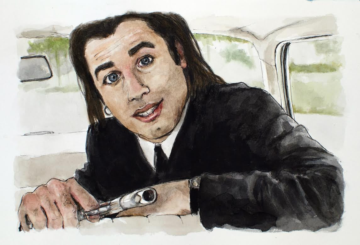 A watercolor by Christine Hostetler depicts a long-haired man in a suit inside a vehicle, his finger on a gun with a surprised look, capturing the tension reminiscent of Quentin vs Coen films against a blurred window backdrop.