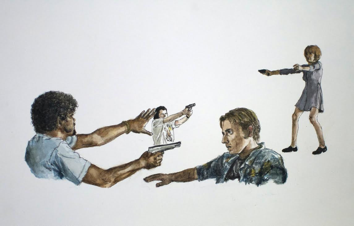 A watercolor illustration by Christine Hostetler depicts four individuals in a tense standoff, each aiming a gun at the other. The dramatic scene features muted colors on a plain background, capturing tension and dynamics reminiscent of Quentin vs Coen narratives.