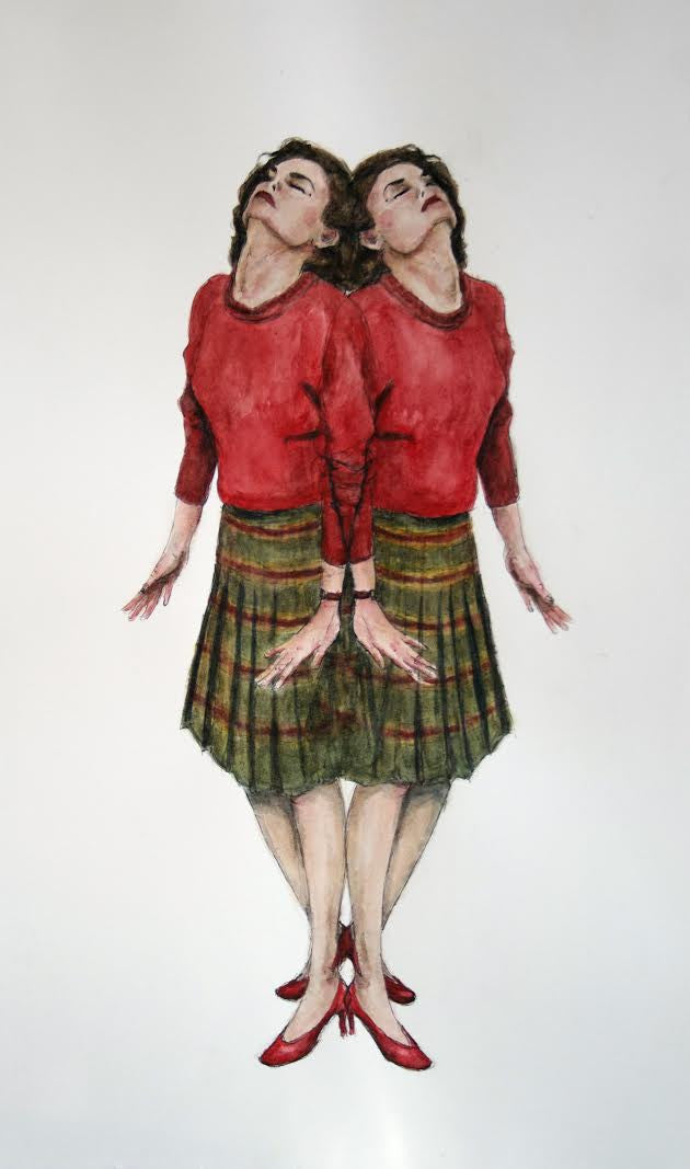A watercolor painting by Christine Hostetler features a symmetrically mirrored woman in a red top, green plaid skirt, and red shoes, her head tilted back with hands at her sides, capturing whimsical elegance akin to those celebrated at Spoke Art Gallery.