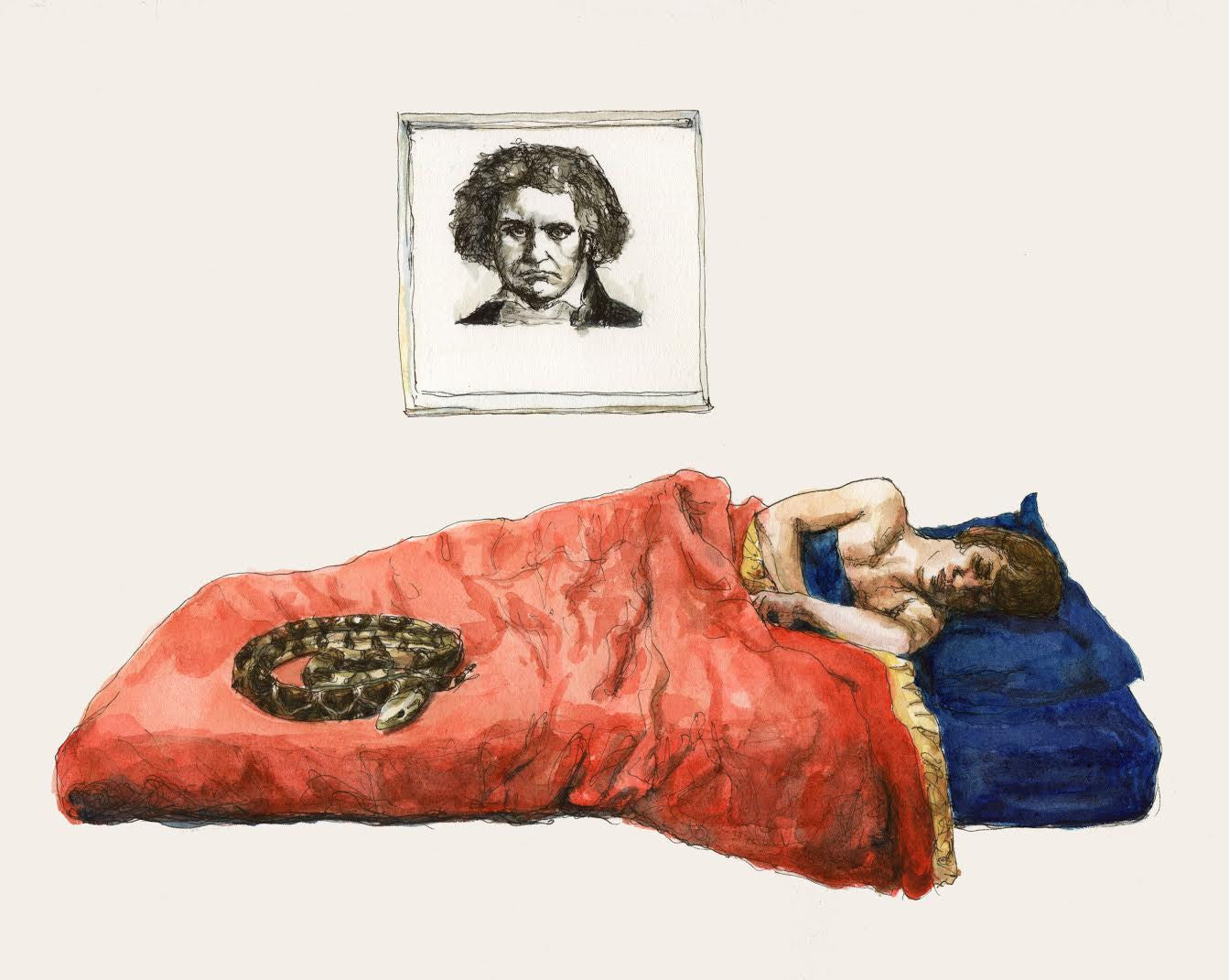 A person rests on a red and blue Christine Hostetler bed with a cat curled up beside them. Above, a framed artwork featuring a serious-looking Ludwig Van hangs, creating a simple and serene setting.